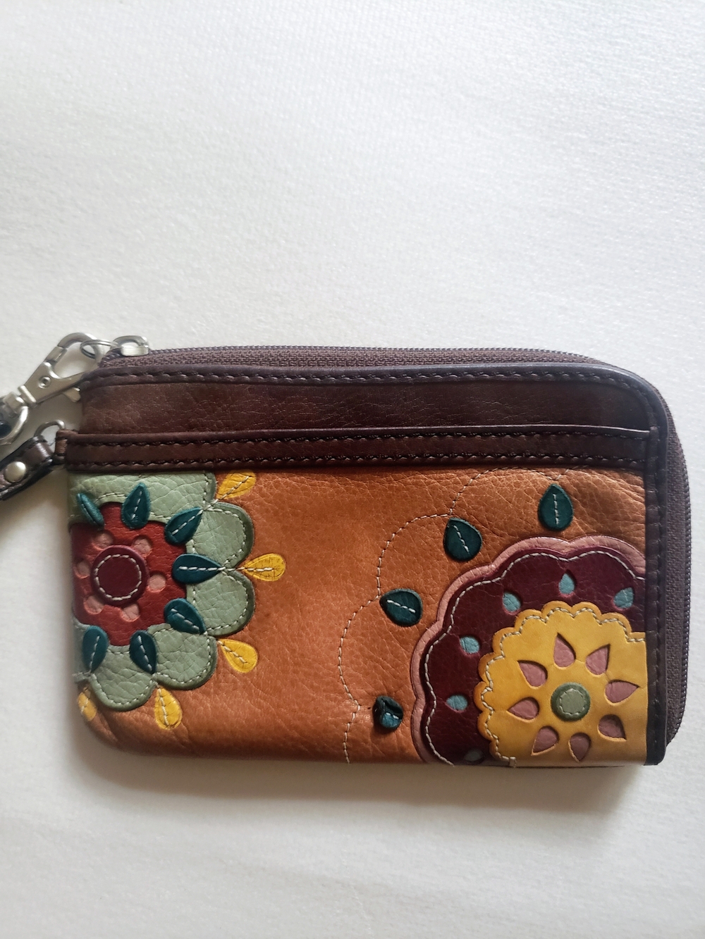 Fossil Brown Leather Floral Appliqué Zip Wristlet Wallet Y2K Boho